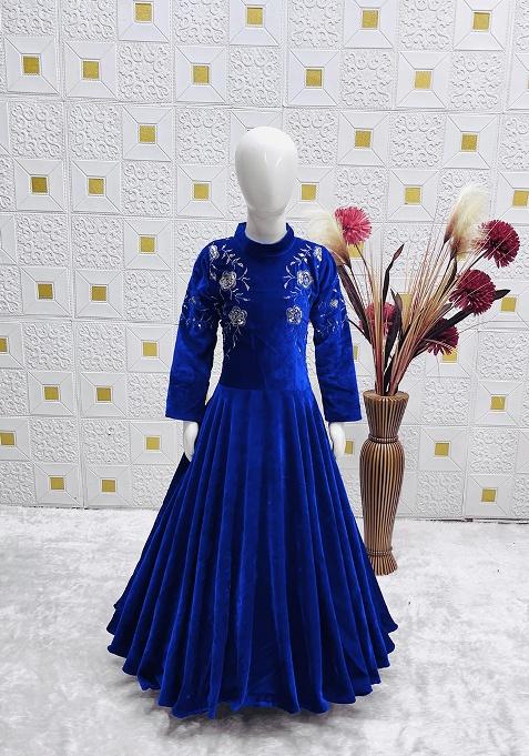 Royal Blue Embroidery Velvet Gown For Girl