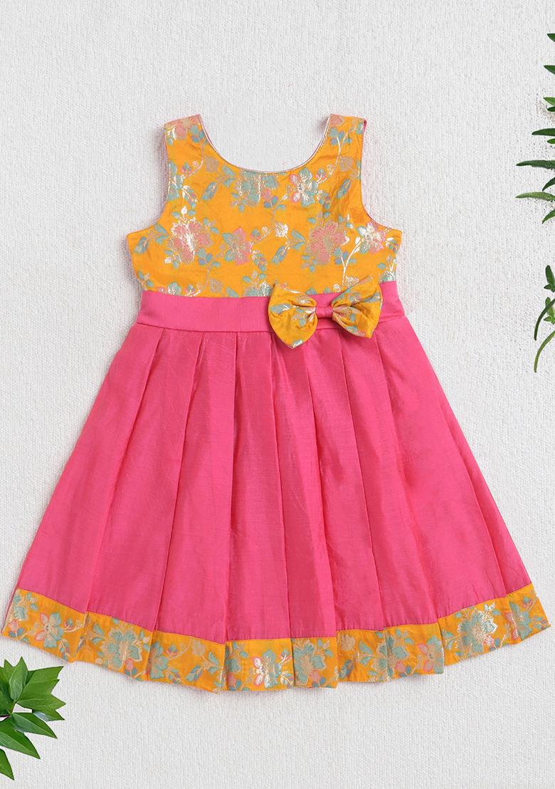 Pink Printed Jacquard Ethnic Dress For Girls - Indya