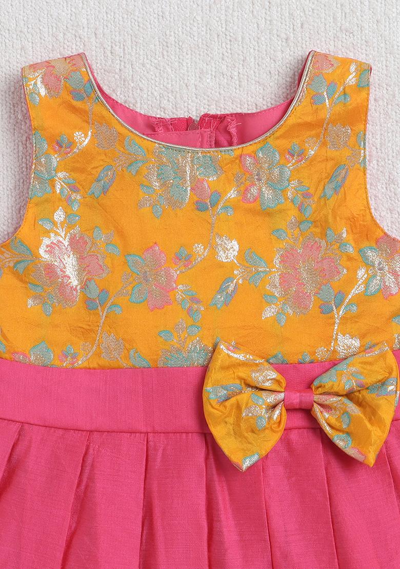 Pink Printed Jacquard Ethnic Dress For Girls - Indya