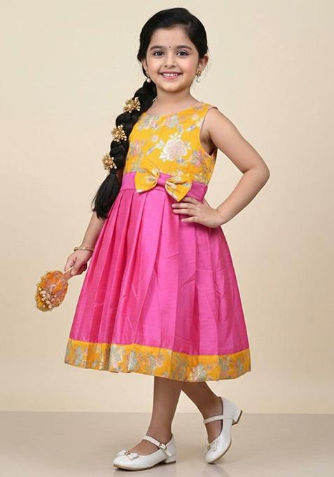 Pink Printed Jacquard Ethnic Dress For Girls
