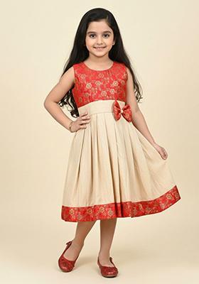 Red Printed Jacquard Ethnic Dress For Girls