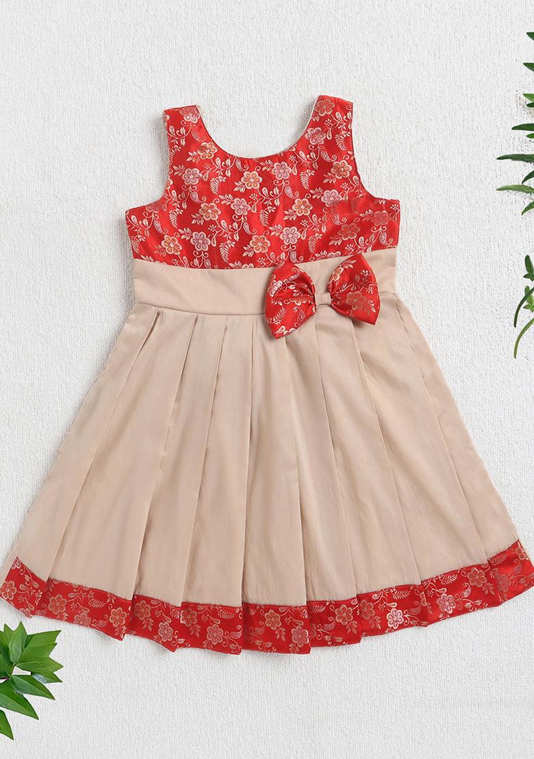 Red Printed Jacquard Ethnic Dress For Girls - Indya