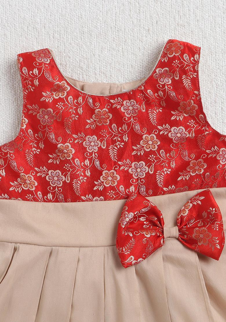 Red Printed Jacquard Ethnic Dress For Girls - Indya