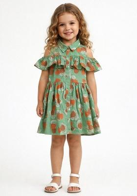 Green Printed Cotton Casual Dress For Girl