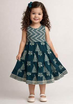 Dark Green Printed Cotton Casual Dress For Girl
