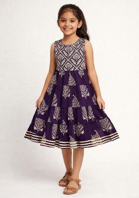 Purple Printed Cotton Casual Dress For Girl