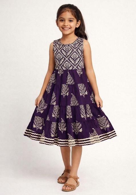 Purple Printed Cotton Casual Dress For Girl