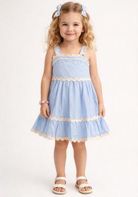 Blue Solid Cotton Casual Dress For Girl