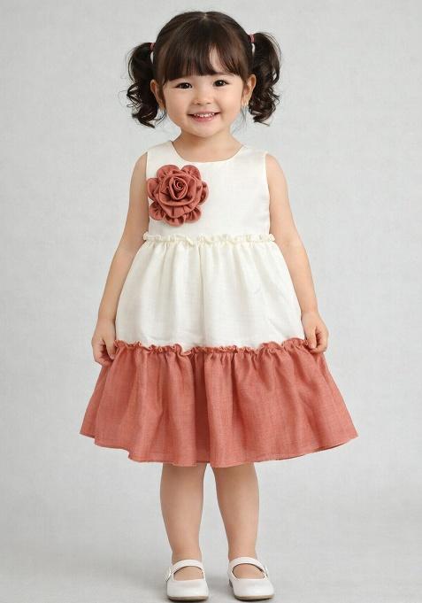 Rust Orange Solid Polyester Casual Dress For Girl