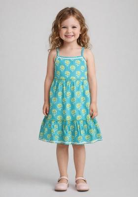 Turquoise Printed Cotton Casual Dress For Girl