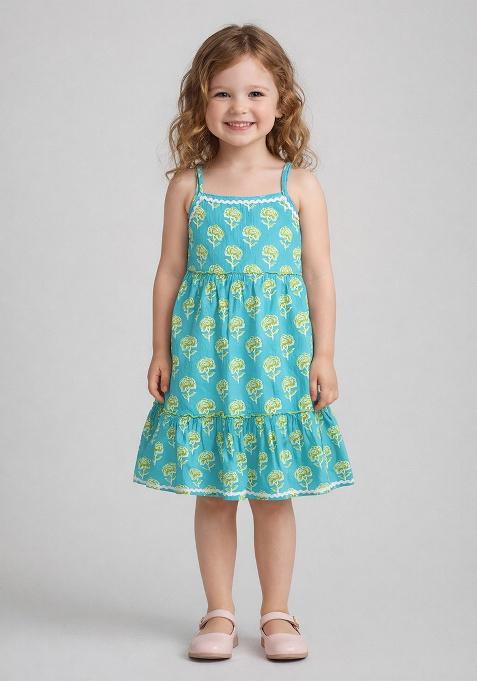 Turquoise Printed Cotton Casual Dress For Girl