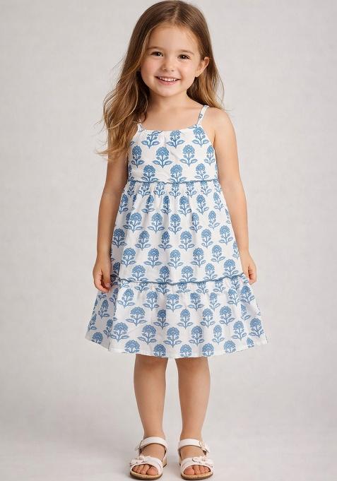 White Printed Cotton Casual Dress For Girl