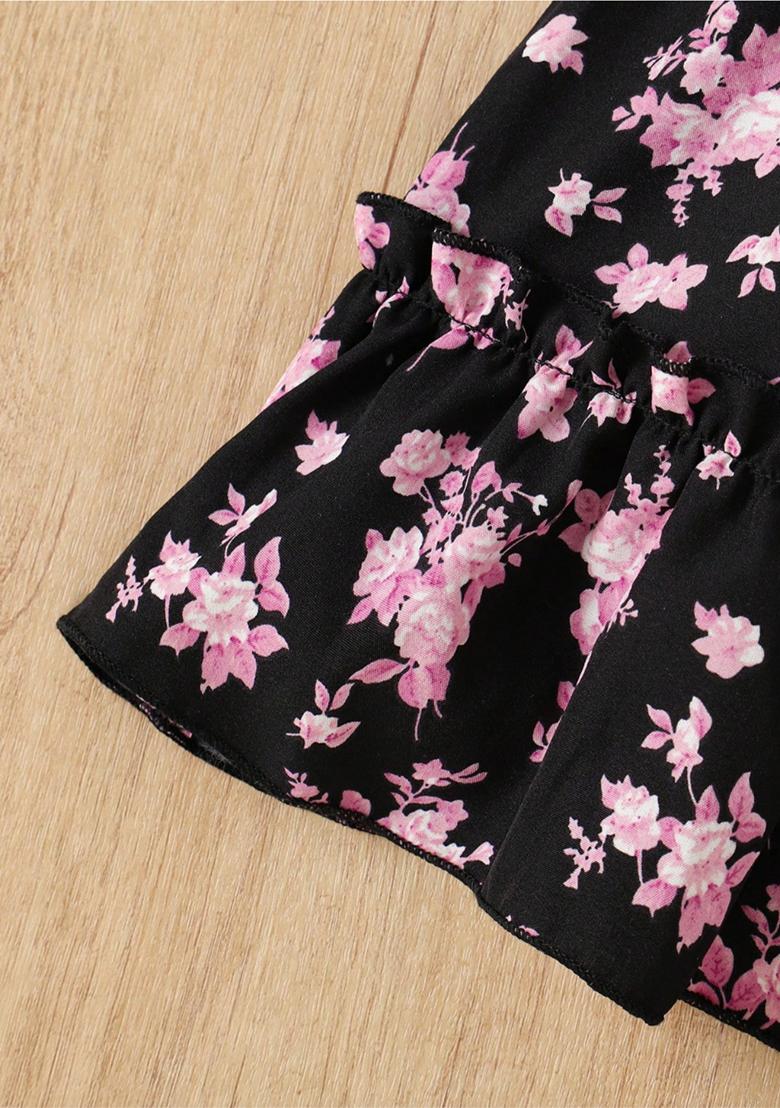 Black Printed Cotton Dress For Girls - Indya