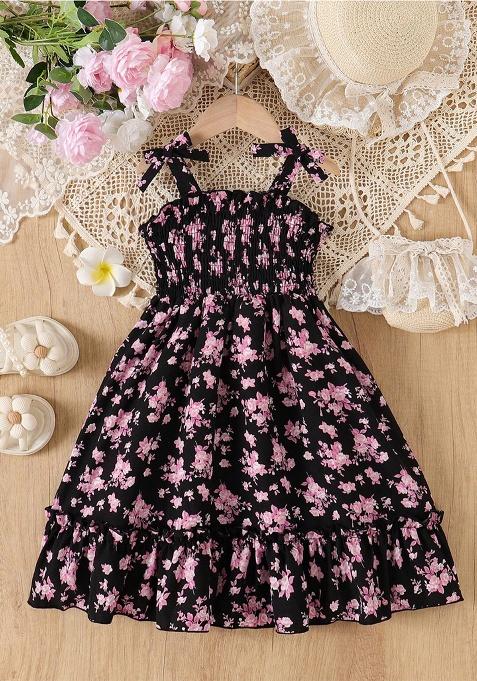 Black Printed Cotton Dress For Girls