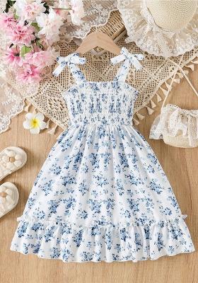 Blue Printed Cotton Dress For Girls