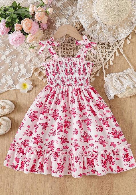Pink Printed Cotton Dress For Girls