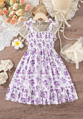 Purple Printed Cotton Dress For Girls