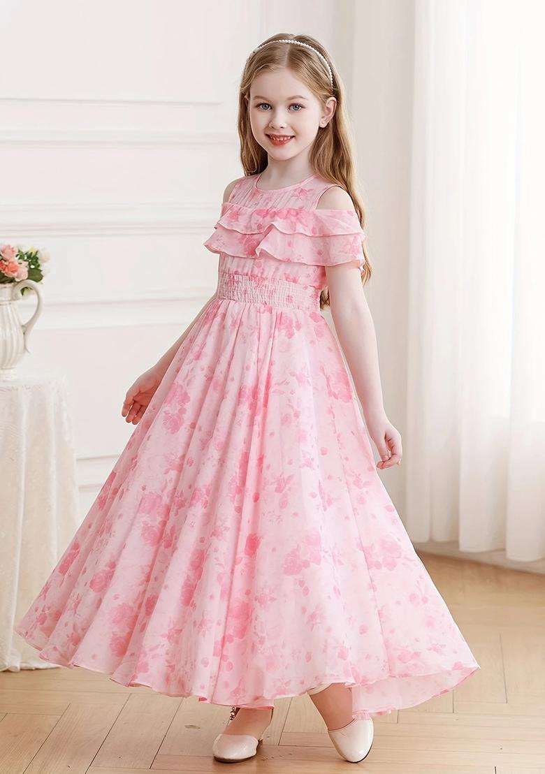 Pink Printed Georgette Gown For Girls - Indya