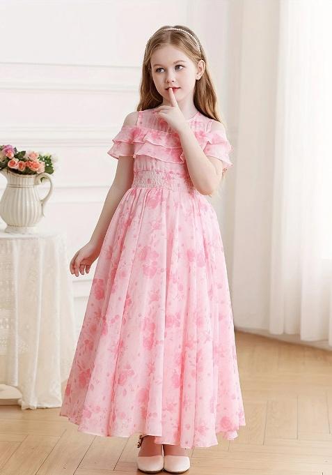 Pink Printed Georgette Gown For Girls