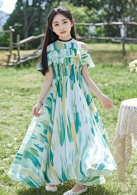 Green Printed Georgette Gown For Girls