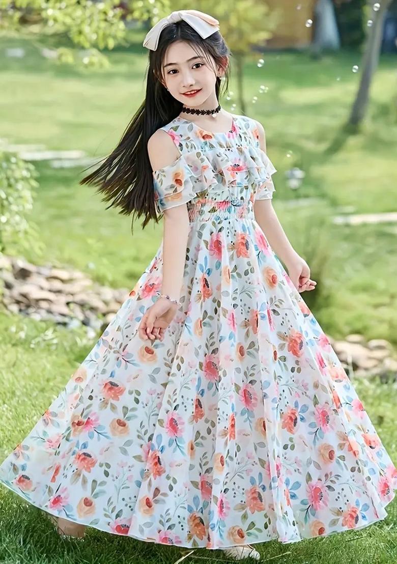 Multicolor Printed Georgette Gown For Girls - Indya