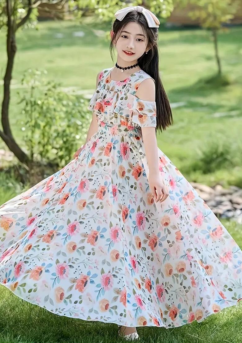 Multicolor Printed Georgette Gown For Girls - Indya