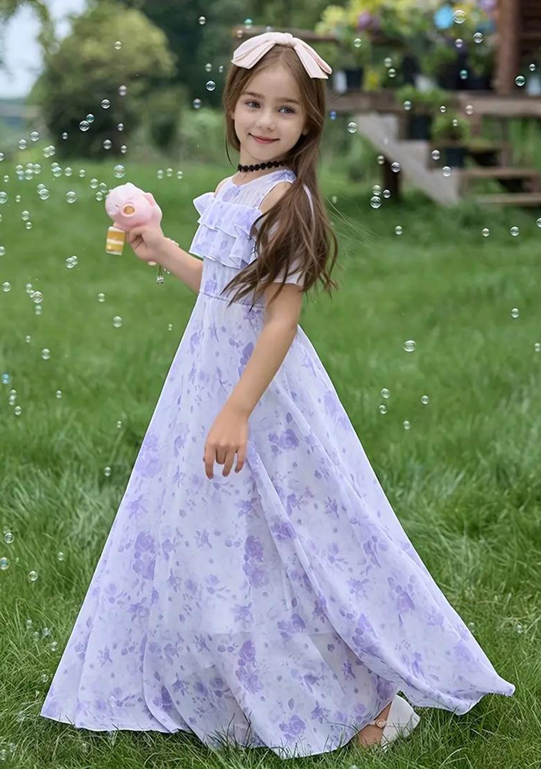 Purple Printed Georgette Gown For Girls - Indya