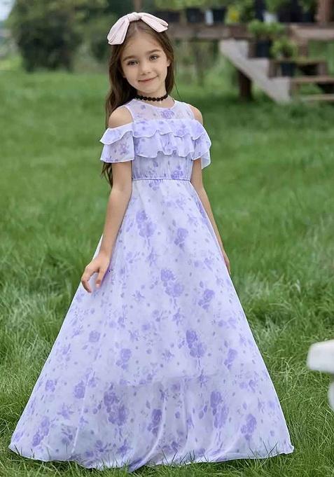 Purple Printed Georgette Gown For Girls