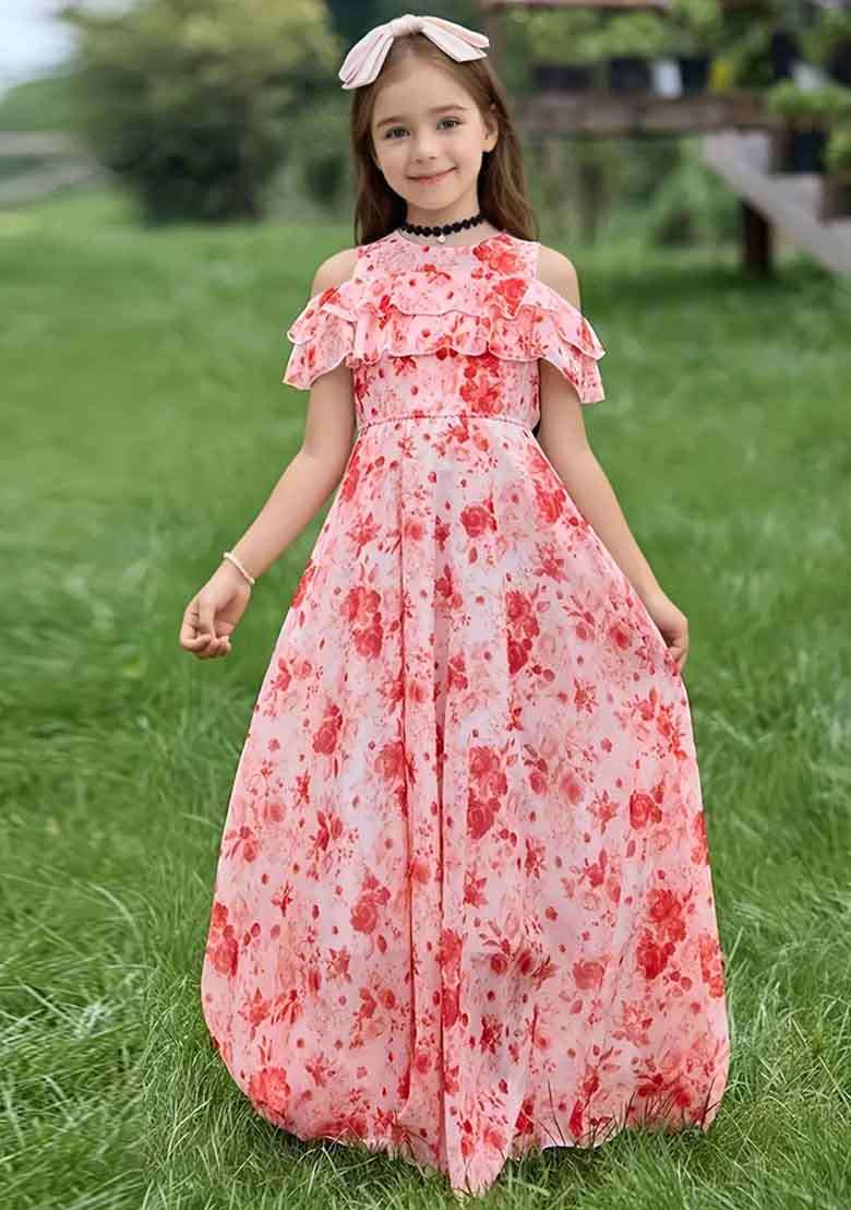 Red Printed Georgette Gown For Girls - Indya
