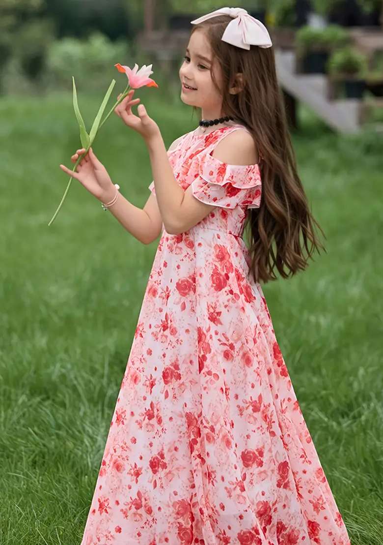 Red Printed Georgette Gown For Girls - Indya