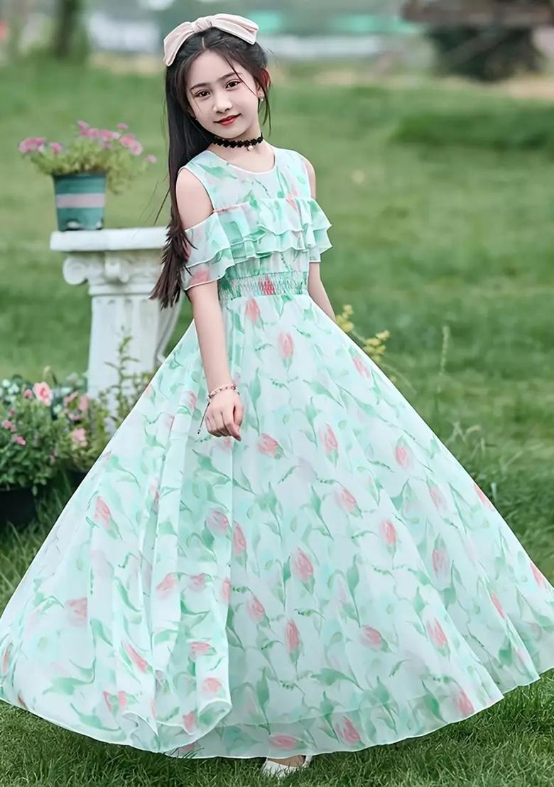 Sea Green Printed Georgette Gown For Girls - Indya