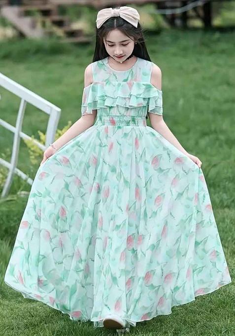 Sea Green Printed Georgette Gown For Girls