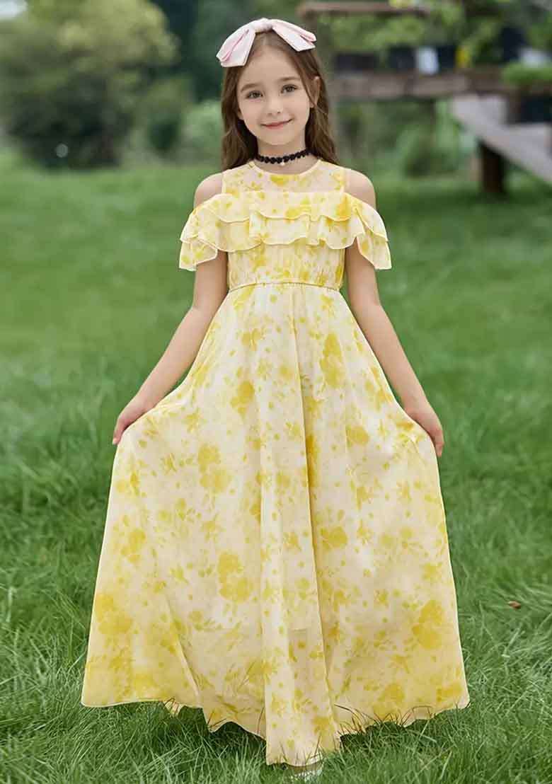 Yellow Printed Georgette Gown For Girls - Indya