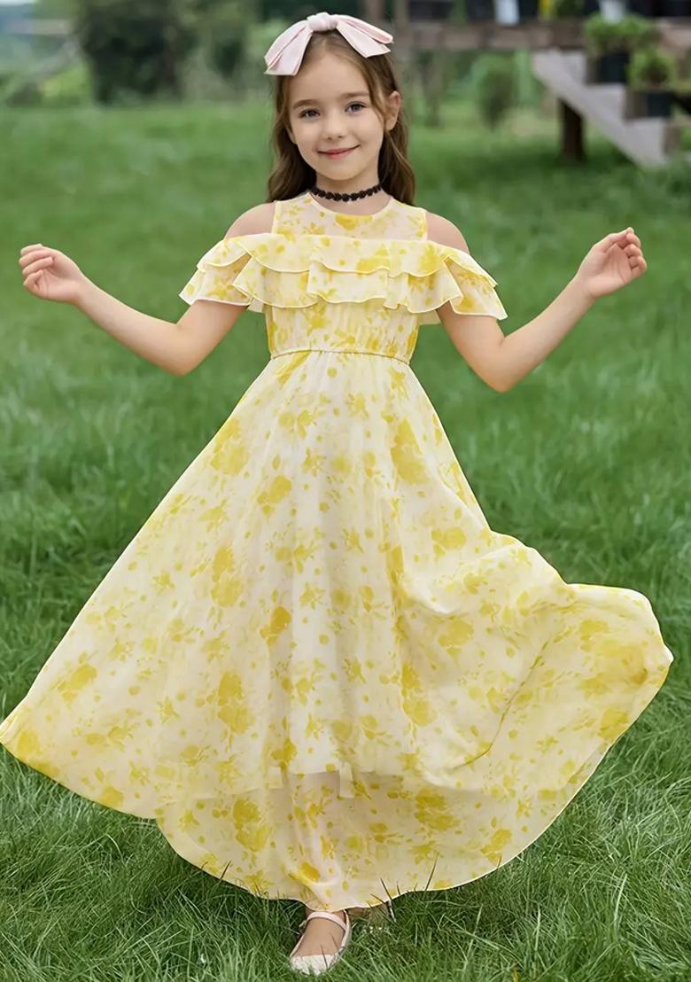 Yellow Printed Georgette Gown For Girls - Indya