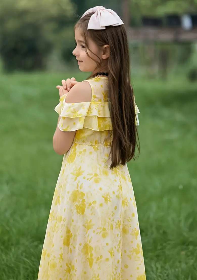 Yellow Printed Georgette Gown For Girls - Indya