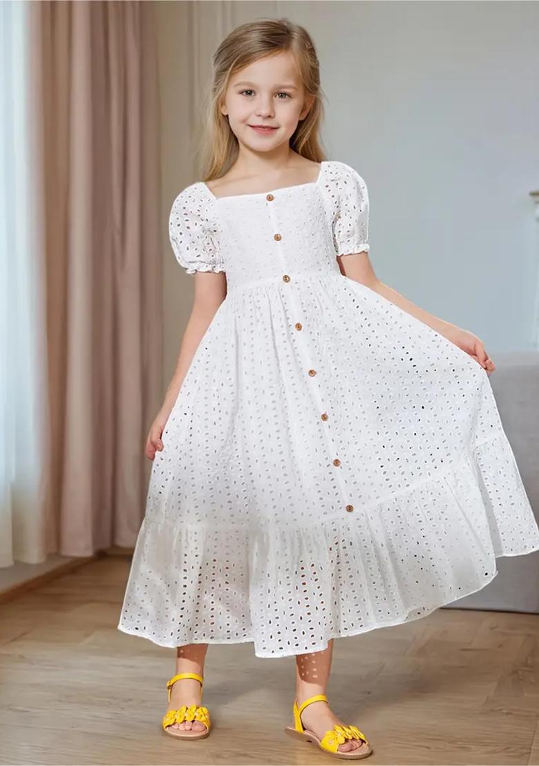 White Printed Schiffli Gown For Girls - Indya