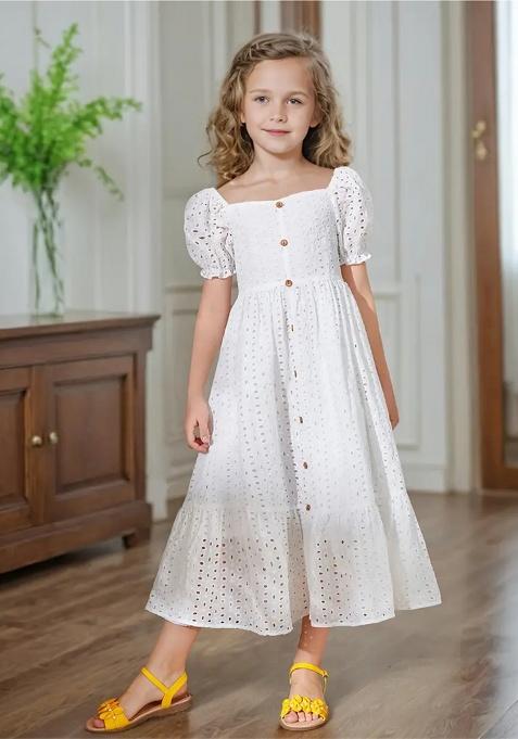 White Printed Schiffli Gown For Girls