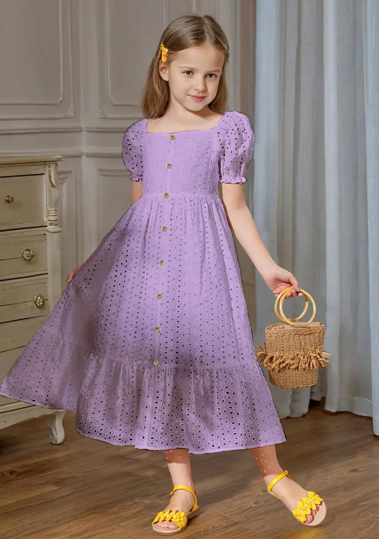 Lavender Printed Schiffli Gown For Girls - Indya