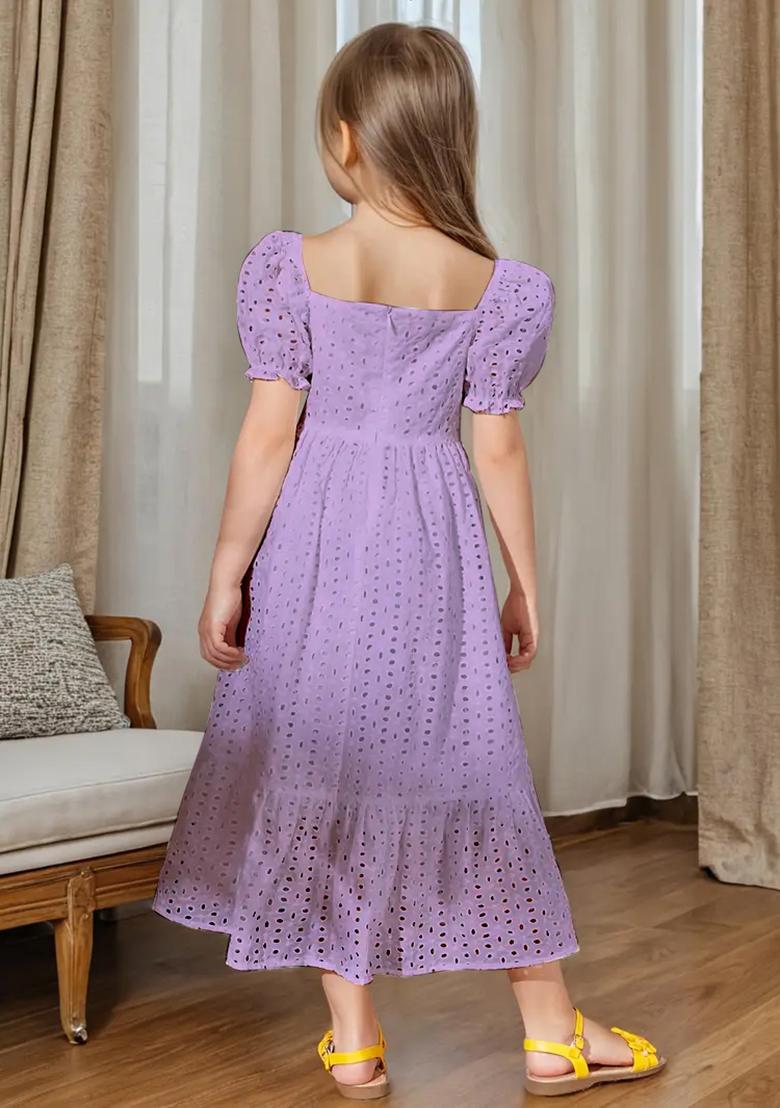 Lavender Printed Schiffli Gown For Girls - Indya