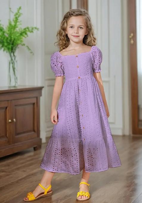 Lavender Printed Schiffli Gown For Girls