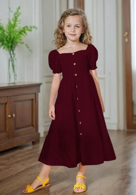 Maroon Printed Schiffli Gown For Girls