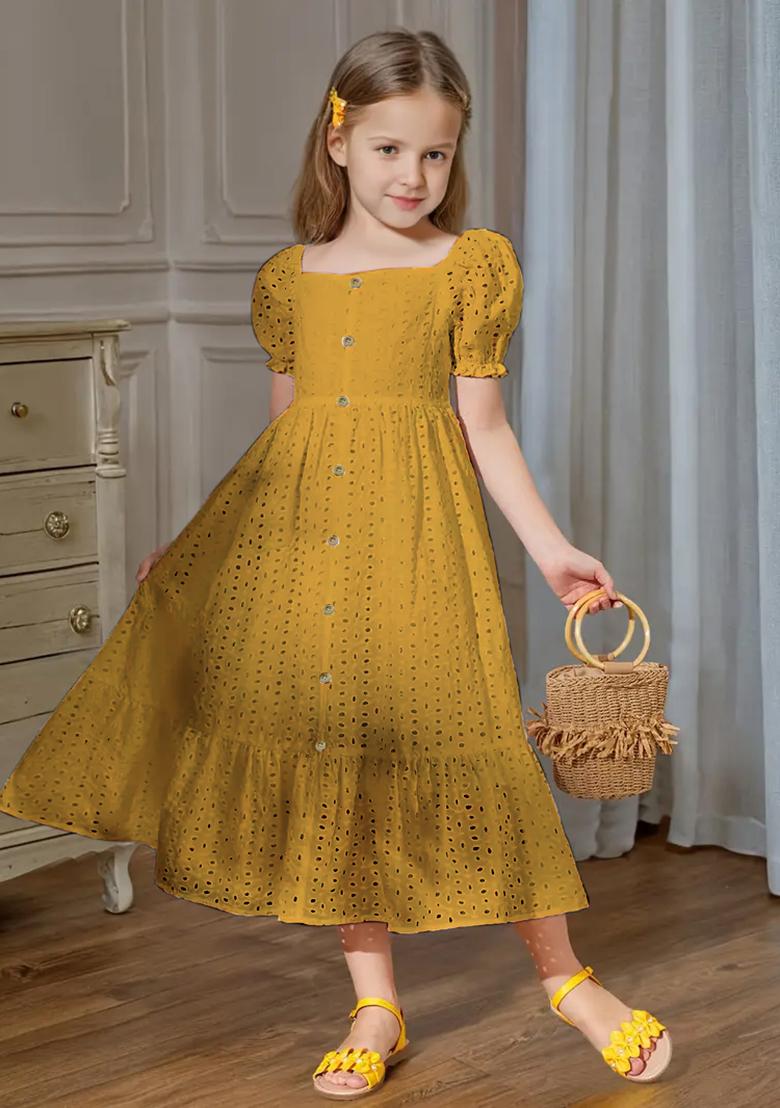 Mustard Printed Schiffli Gown For Girls - Indya