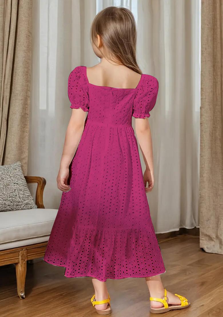 Pink Printed Schiffli Gown For Girls - Indya