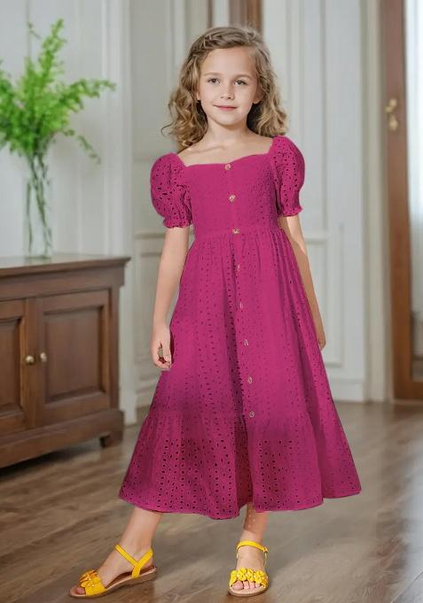 Pink Printed Schiffli Gown For Girls