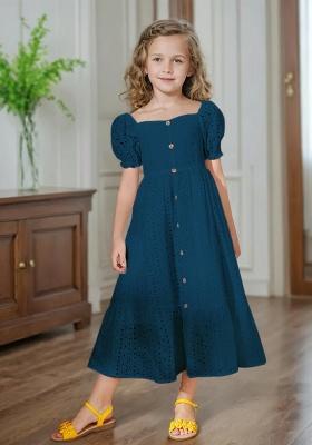 Navy Blue Printed Schiffli Gown For Girls