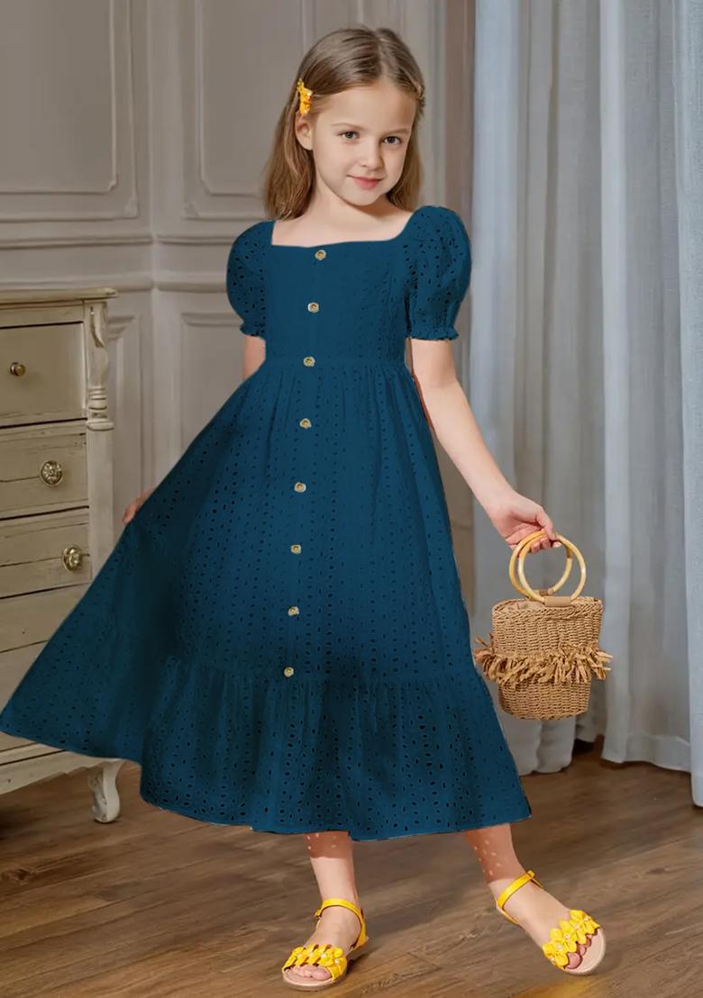 Navy Blue Printed Schiffli Gown For Girls - Indya