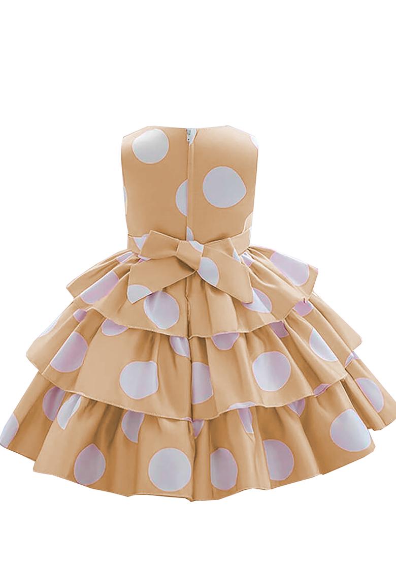 Light Brown Printed Cotton Dress For Girls - Indya