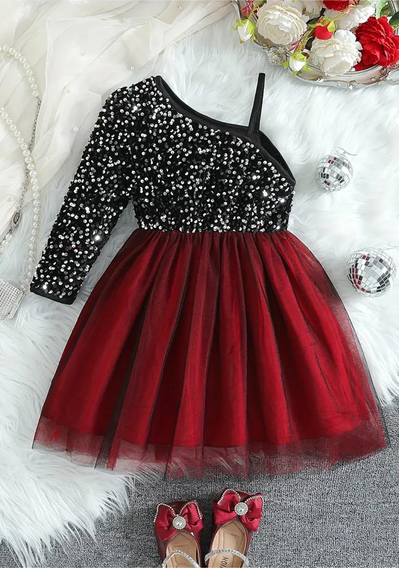 Black Embroidery Cotton Dress For Girls - Indya