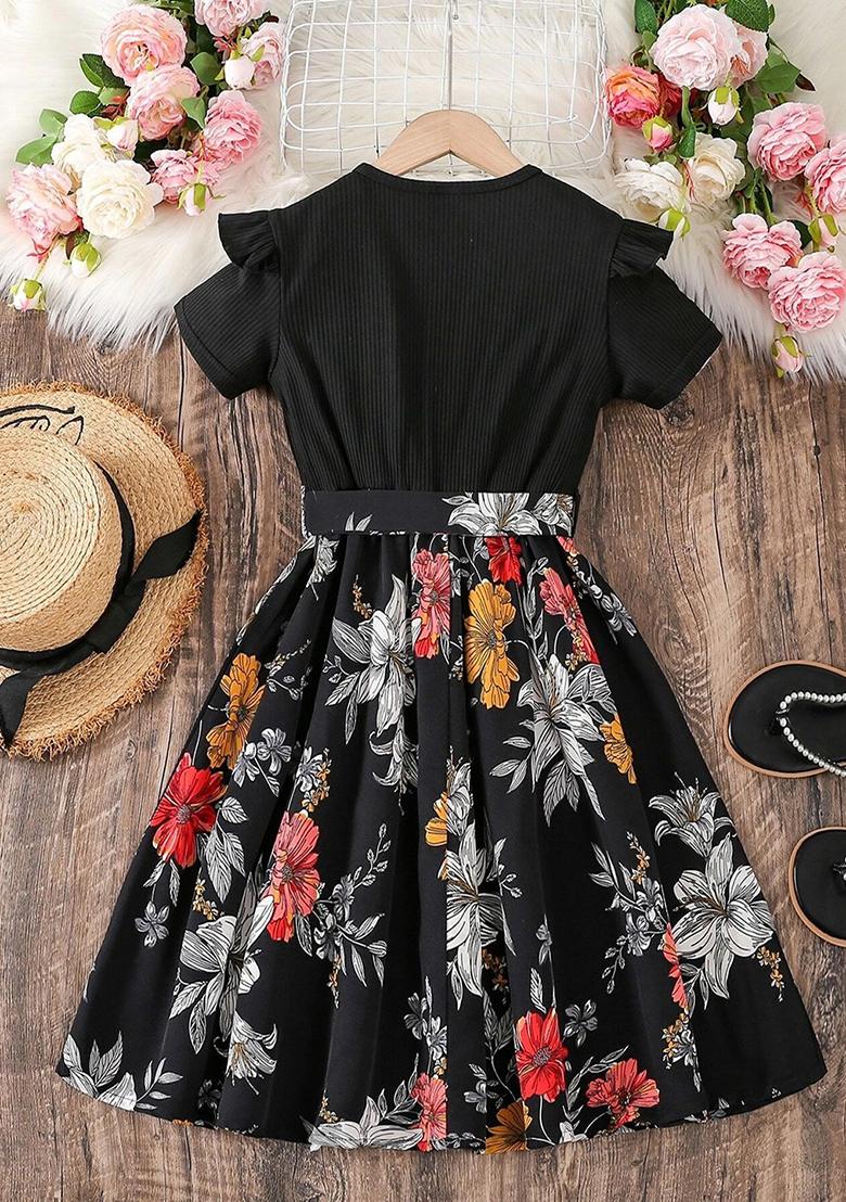 Black Printed Cotton Dress For Girls - Indya