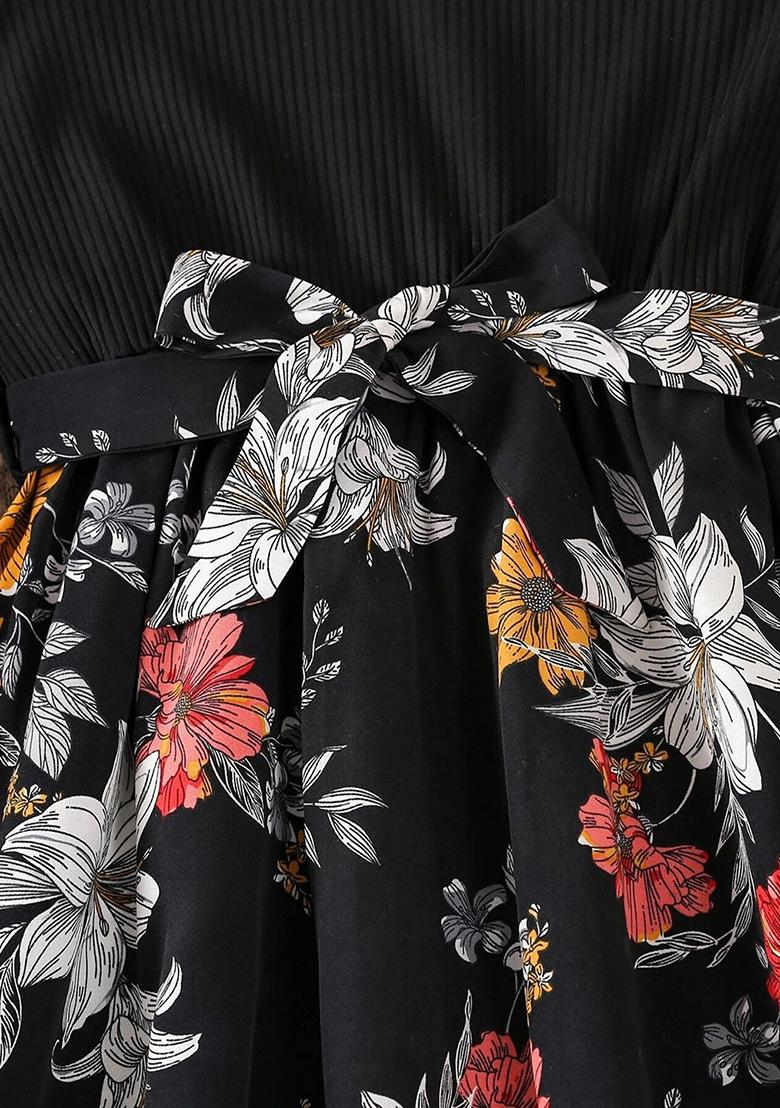 Black Printed Cotton Dress For Girls - Indya